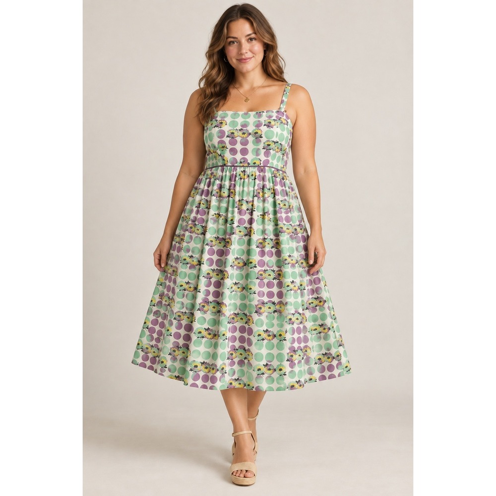 Monsoon Cotton Midi Dress 14 Purple Green NWT Floral Polka Dot Square Neck Twee